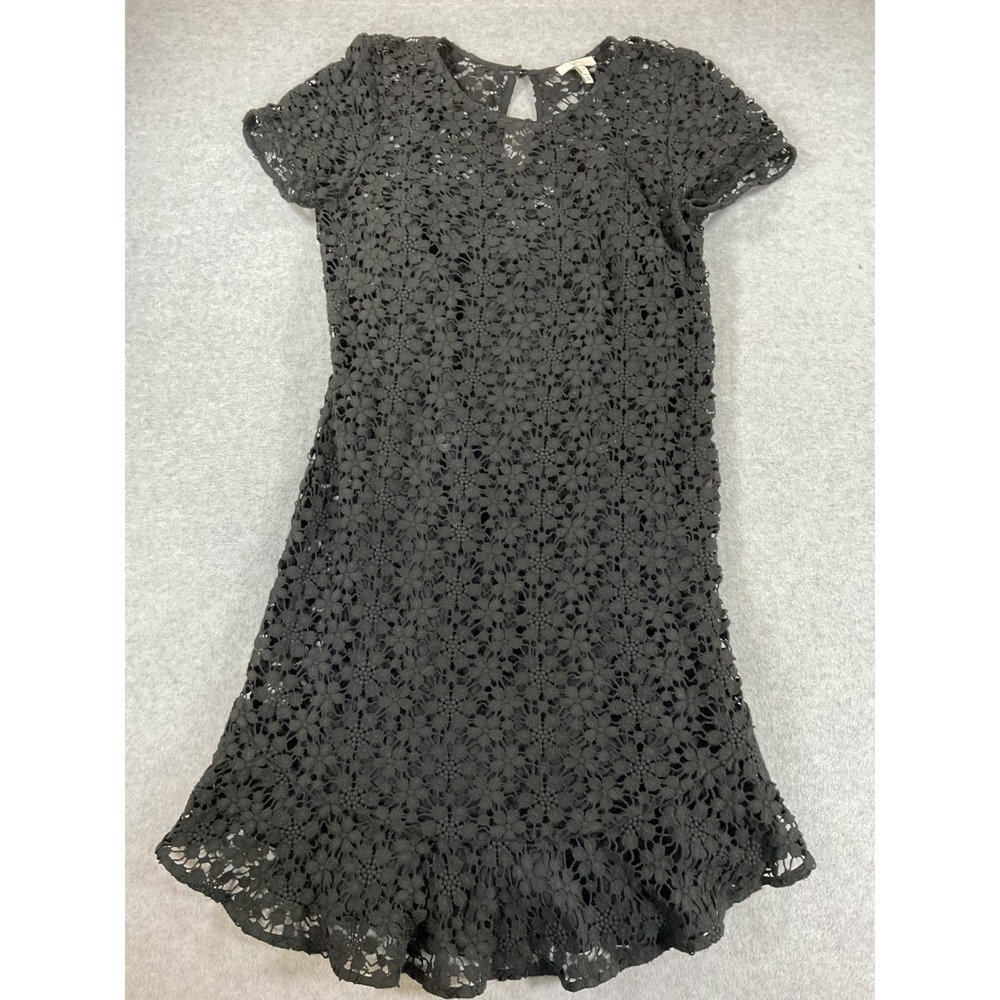 Joie Black Floral Lace Mini Dress Short Sleeve Ruffle Hem Keyhole Back M 2576